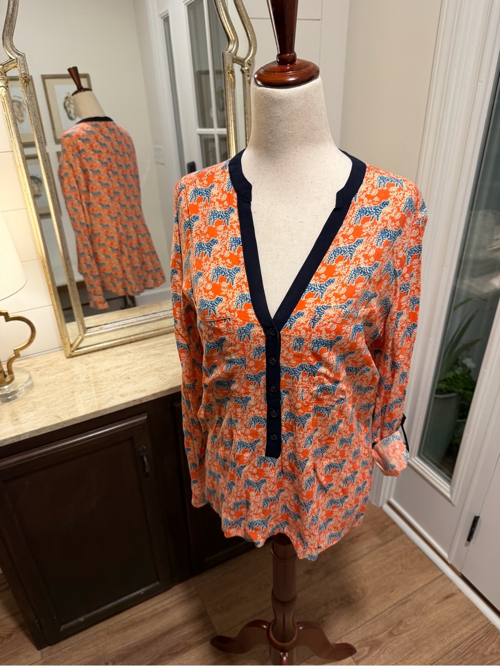 Orange Tiger Print Popover with Navy Trim